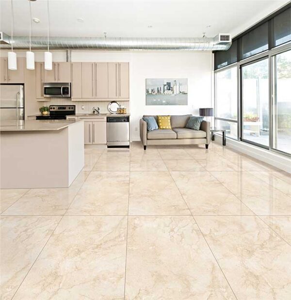 Sicilia Crema Glazed Vitrified Floor Tiles looks Stunning in Open Space Kitchen