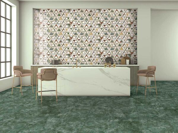 Jade Green GVt floor tiles at Dining room looks elegant appearance.