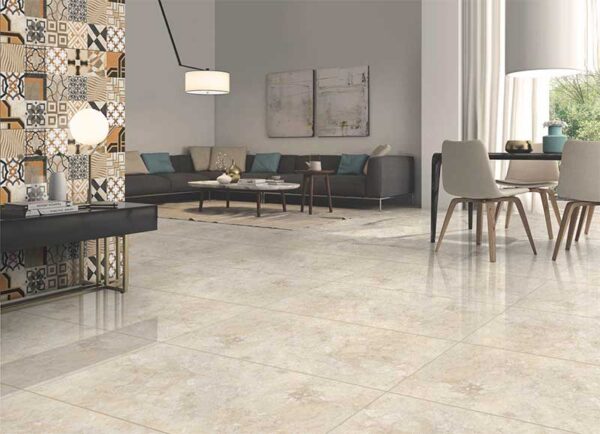 Polished Finish Bellagio Beige GVT Floor Tiles at open space livingroom